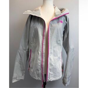 The North Face Venture 2 rain jacket from in a grey and pink color, size medium.